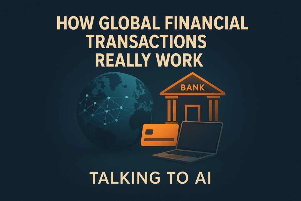 Hybrid-style illustration of a bank, a laptop, a payment card and a glowing world map connected by teal network nodes, representing global financial transaction systems.