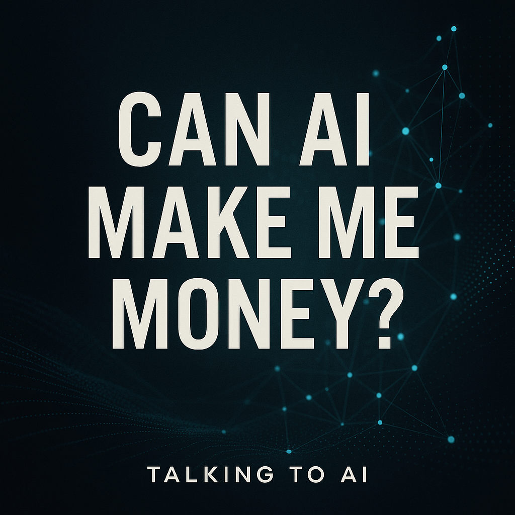 A dark, modern podcast graphic with teal network-node visuals and bold text reading “Can AI Make Me Money?” with the subtitle “Talking to AI.”