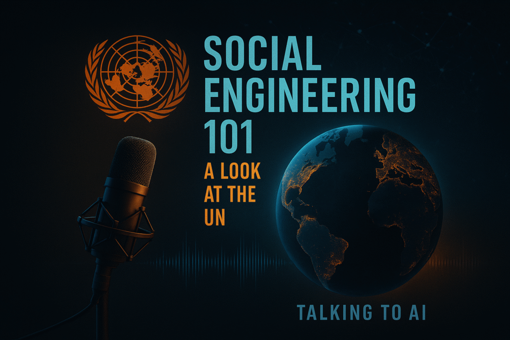 Podcast cover with globe, UN emblem, and microphone illustrating global influence, labeled “Social Engineering 101 — A Look at the UN.”